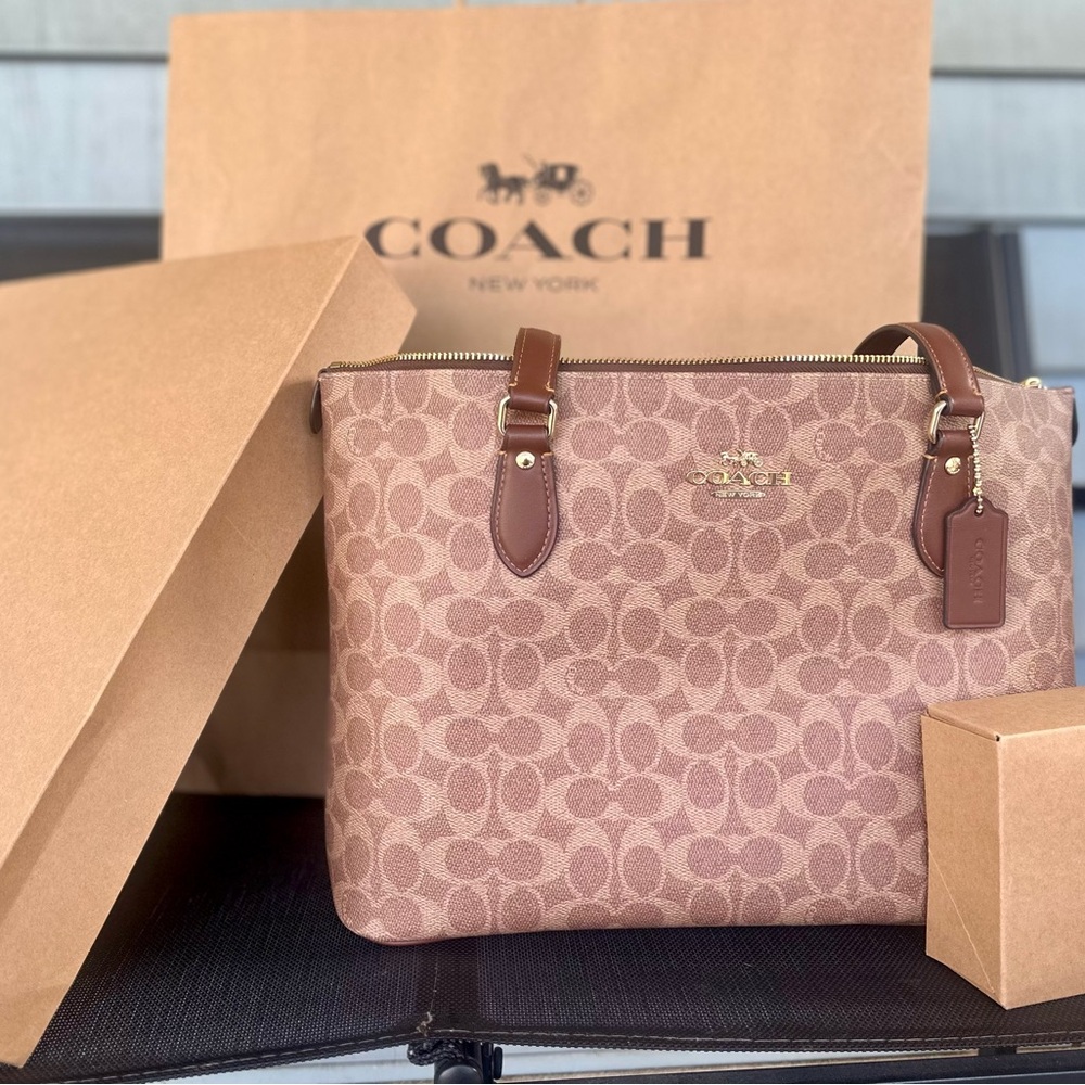 NWT Coach Brown Signature Tote Bag (in box) with wallet